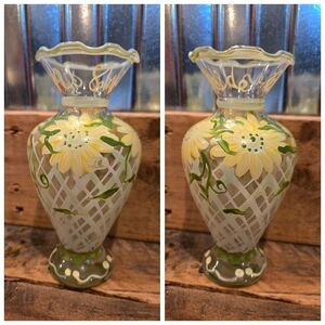 Vtg Handpainted Glass Vase Tracy Porter Daisies Leaves Trellis Small
